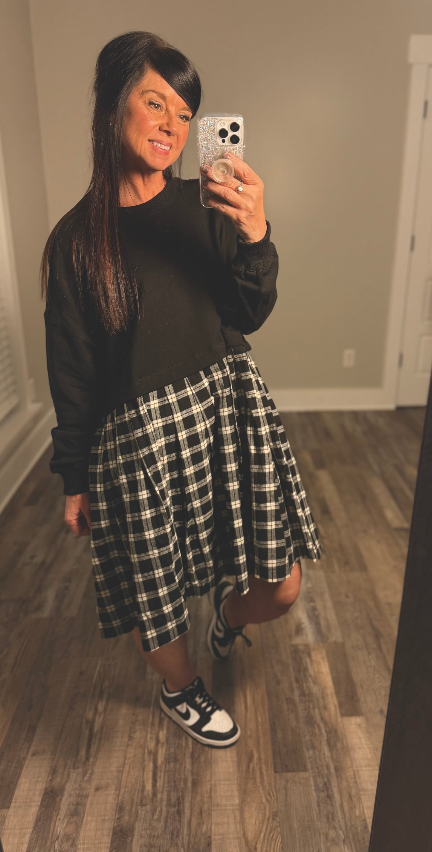 Black Plaid Oversized Sweatshirt Babydoll Dress