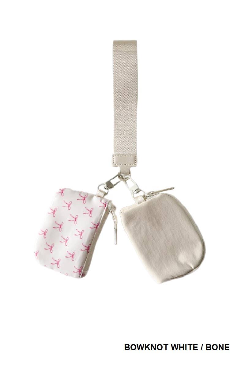 Ivory/Pink Bow Dual Pouch Wristlet