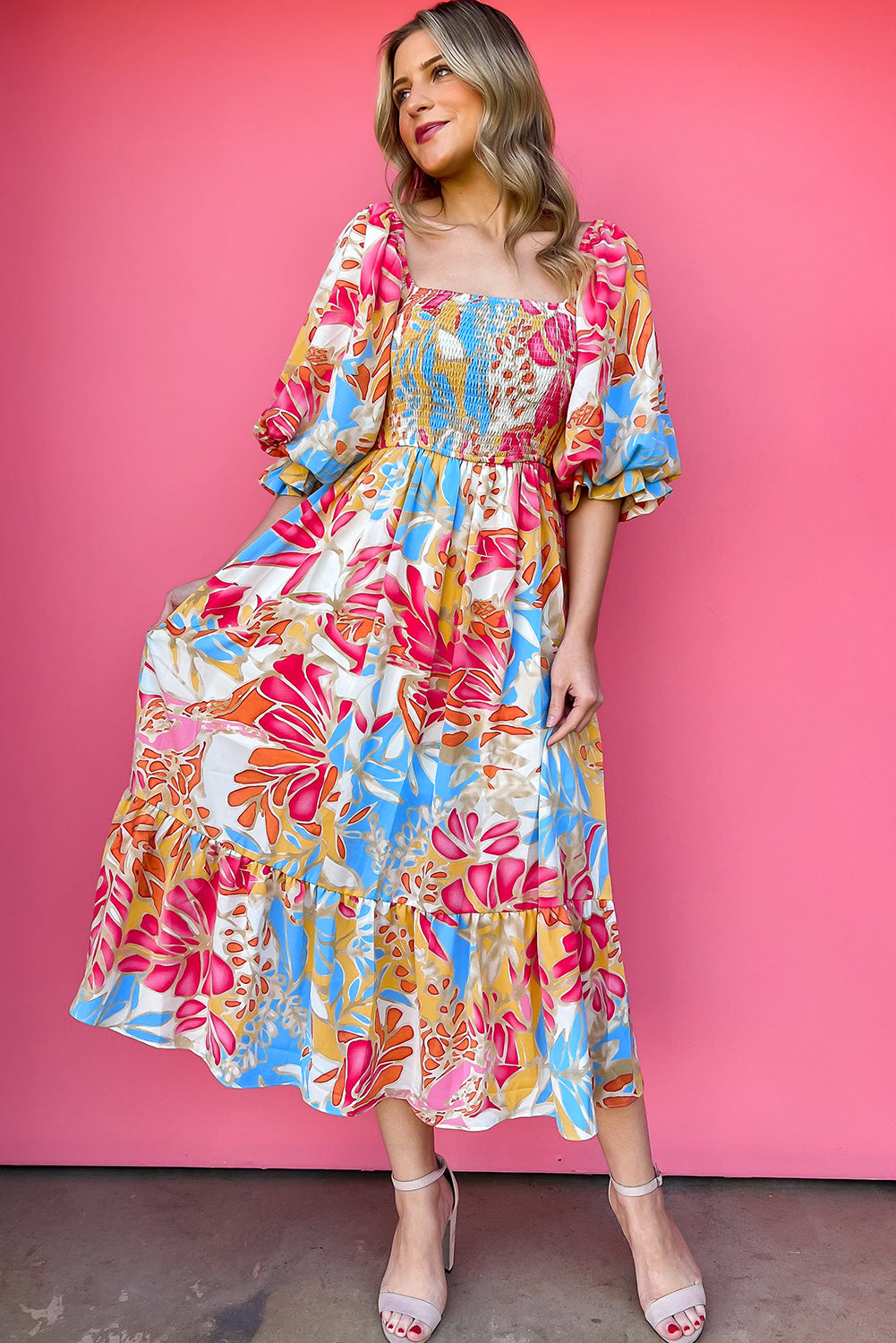 Puff Sleeve Mix Print Maxi Dress