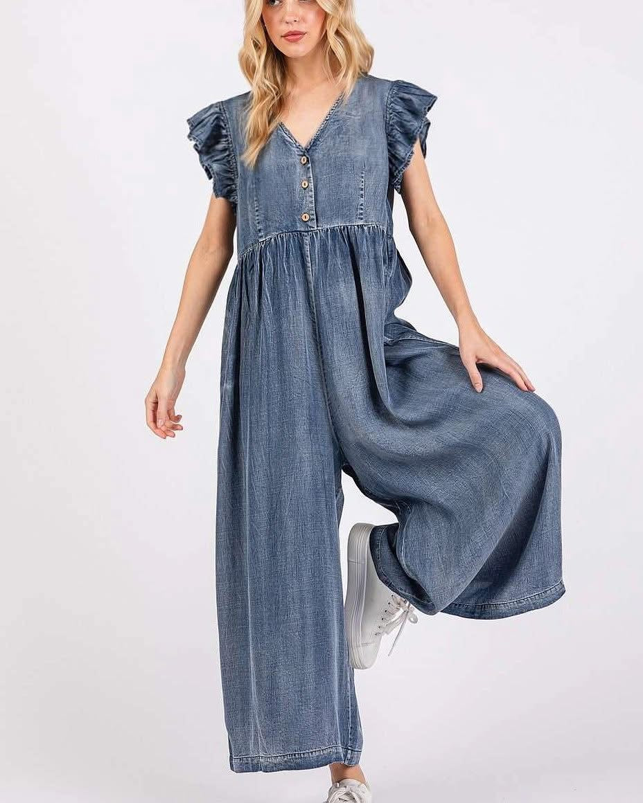 Mittoshop Washed Chambray Ruffled Wide Leg Jumpsuit
