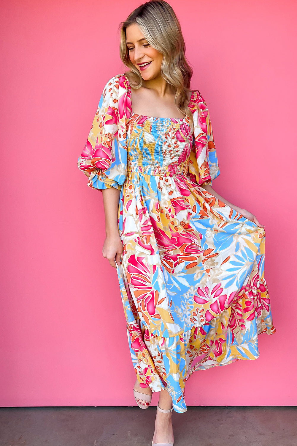 Puff Sleeve Mix Print Maxi Dress