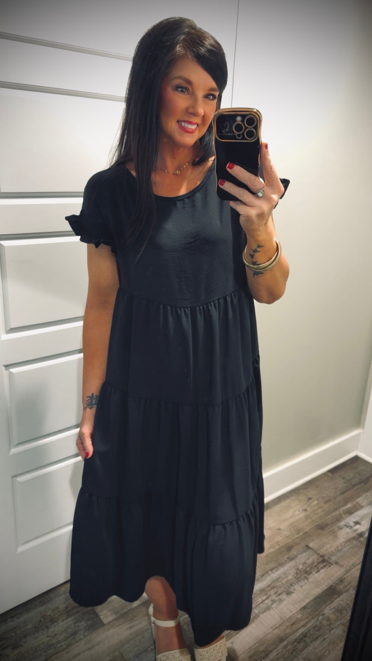 Black Ruffled Sleeve Tiered Midi Dress