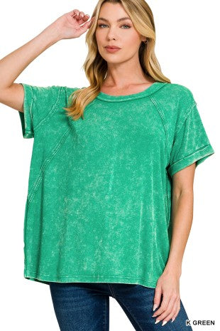 Kelly Green Washed Ribbed Cuffed Short Sleeve Top