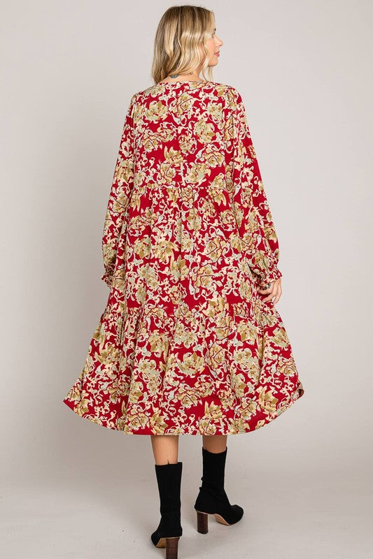 Wine Abstract Print Midi Length Dress