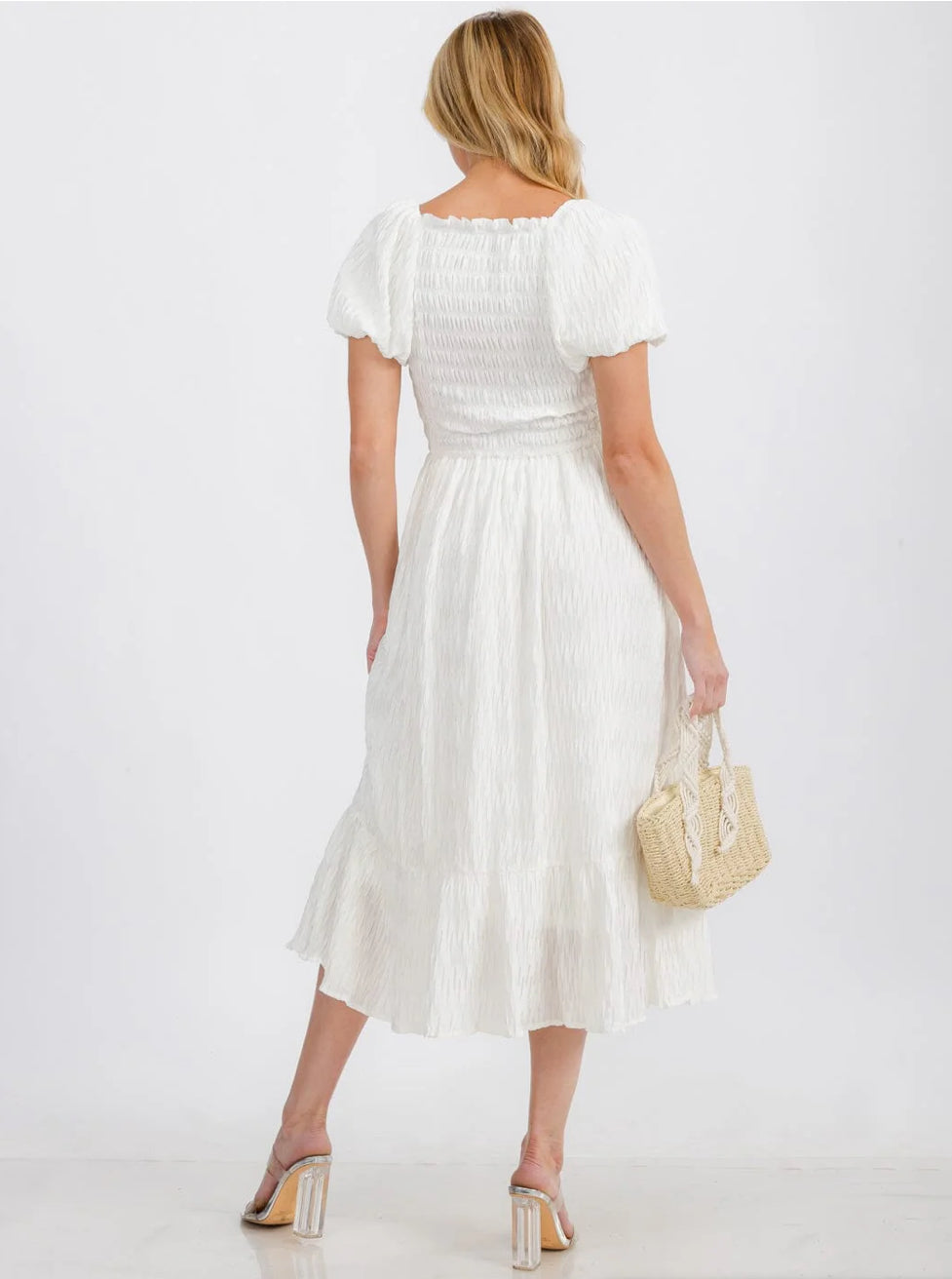 White Puff Sleeve Smocked Maxi Dress
