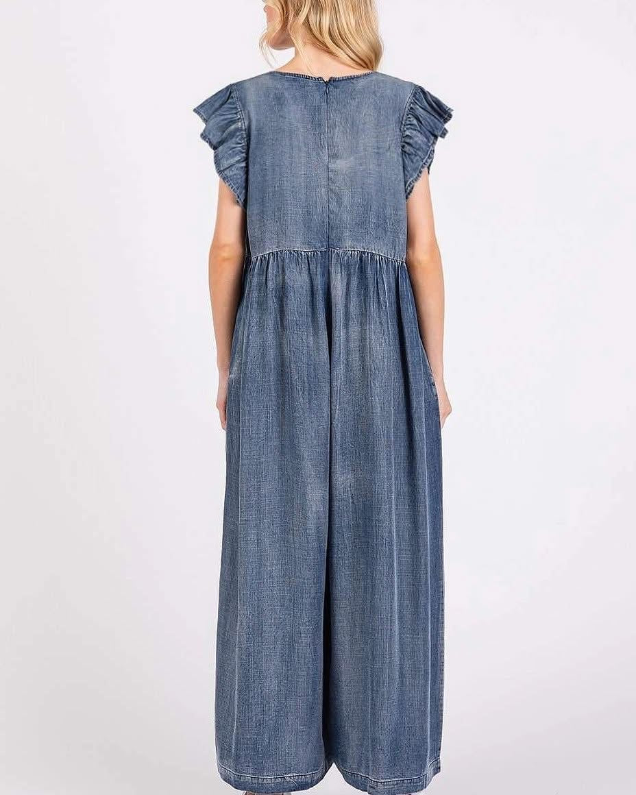 Mittoshop Washed Chambray Ruffled Wide Leg Jumpsuit