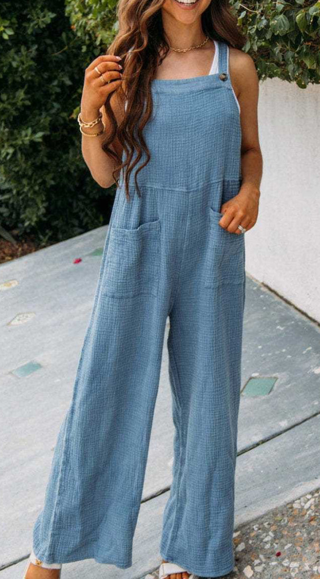 Blue Textured Linen Jumpsuit