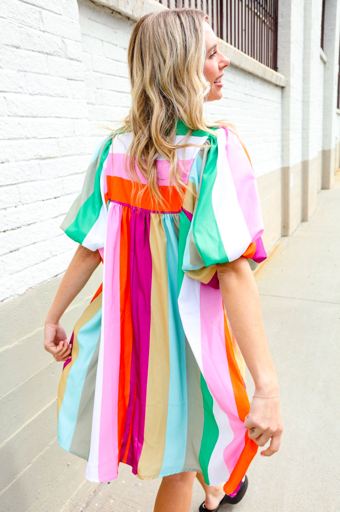 Multicolor Stripe Puff Sleeve Babydoll Dress