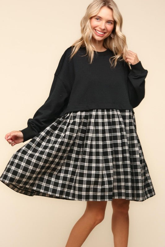 Black Plaid Oversized Sweatshirt Babydoll Dress