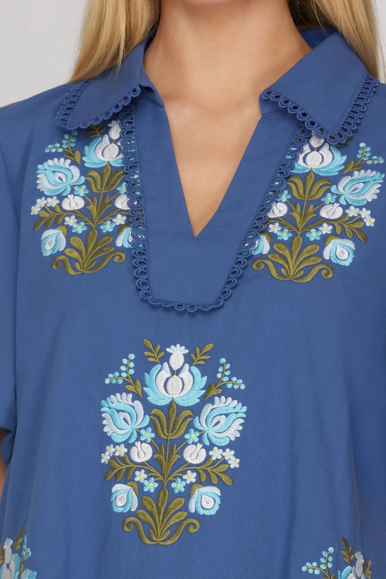 Blue Floral Embroidered Mini Dress