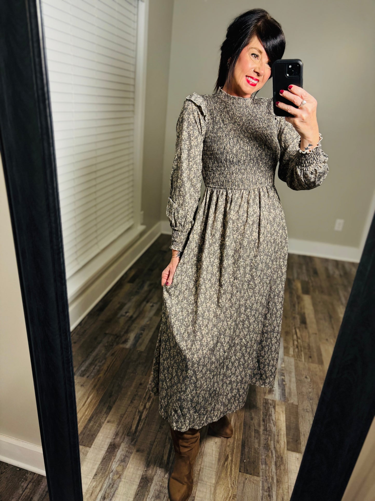Gray Floral Print Smocked Maxi Dress