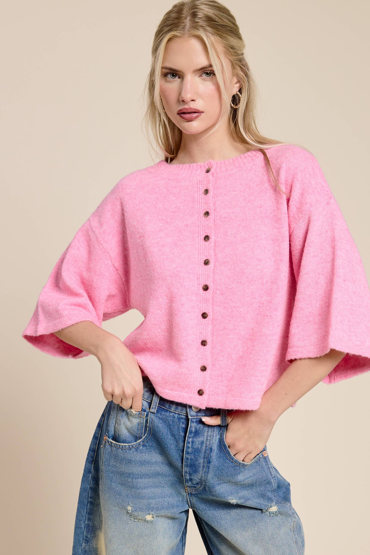 Pink Wide Sleeve Button Front Knit Cardigan