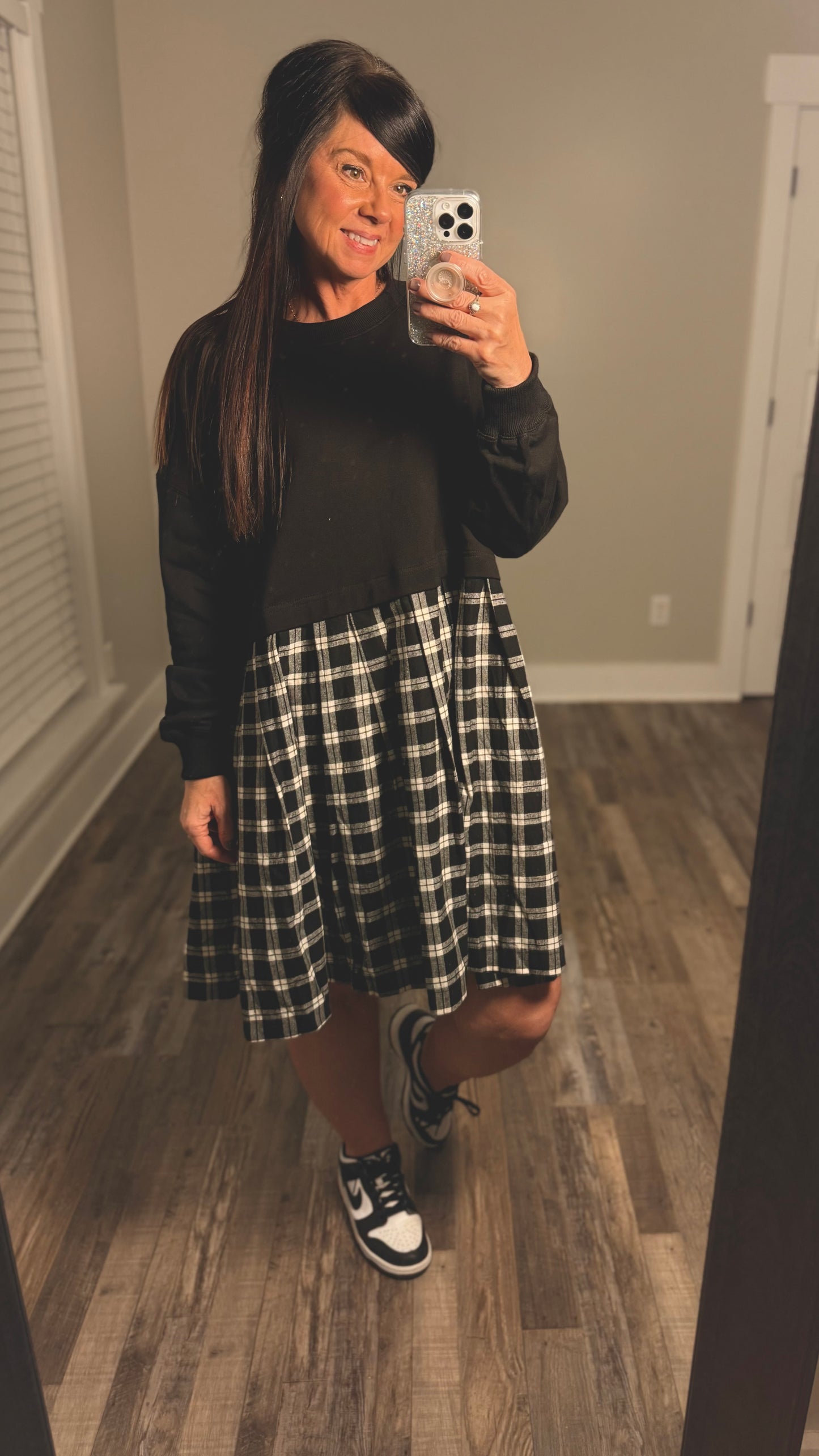 Black Plaid Oversized Sweatshirt Babydoll Dress