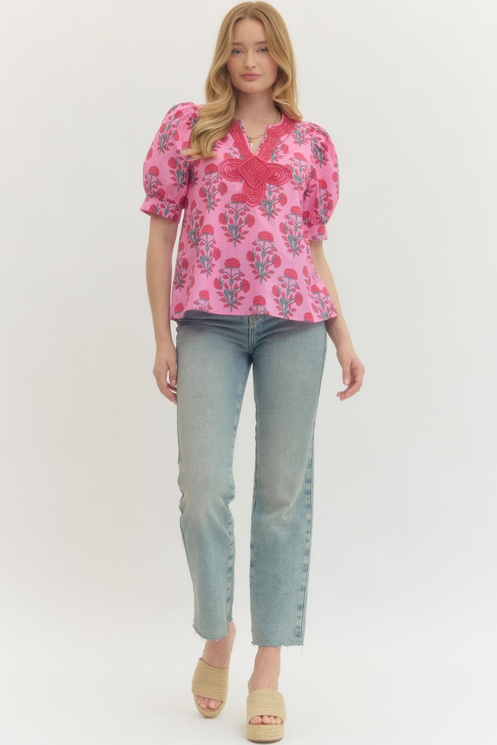 Pink Floral Appliqué Puff Sleeve Top
