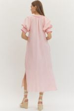 Pink Stripe Embroidered Midi Dress