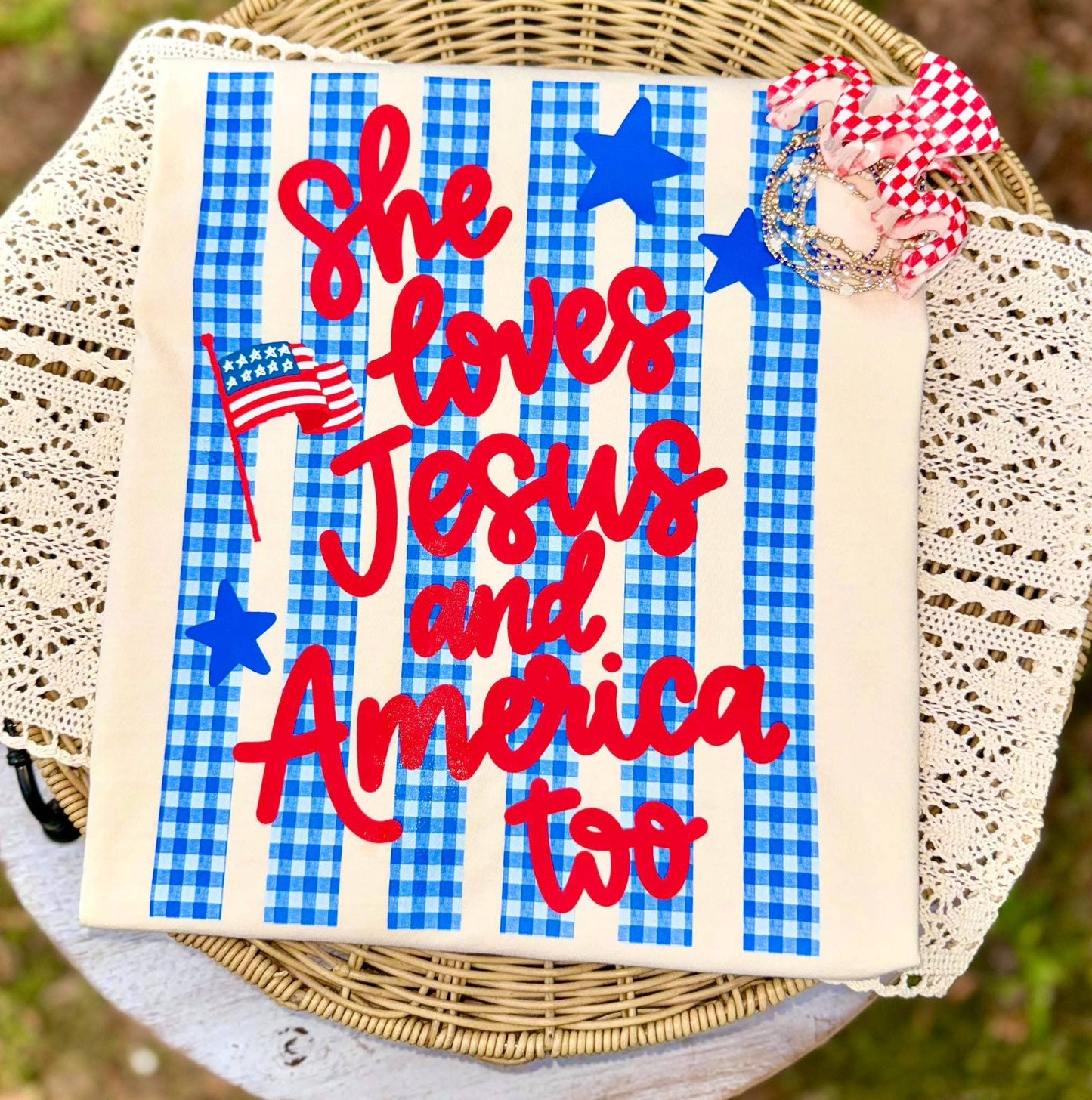 She Loves Jesus and America Ivory Patriotic Tee