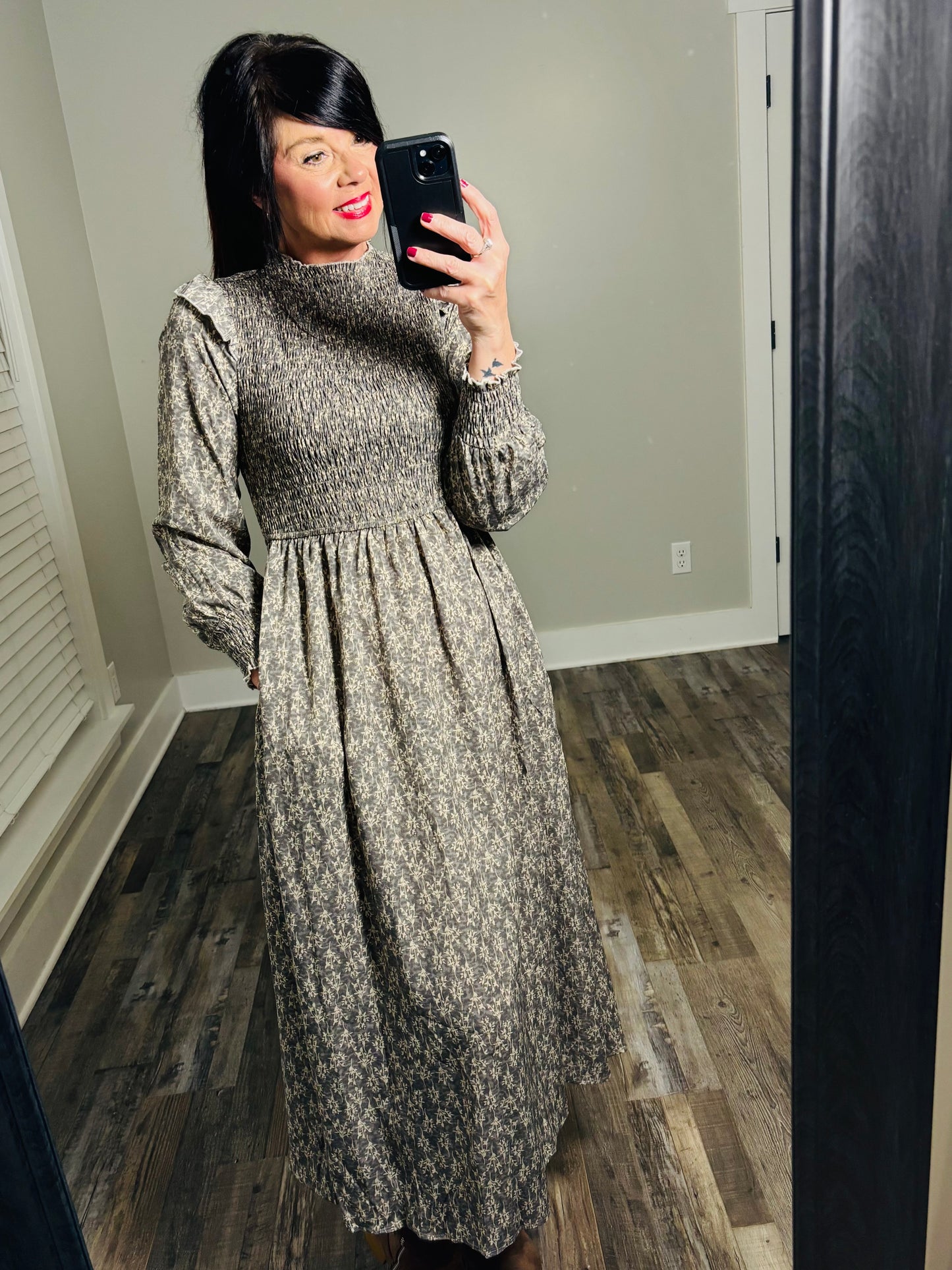 Gray Floral Print Smocked Maxi Dress