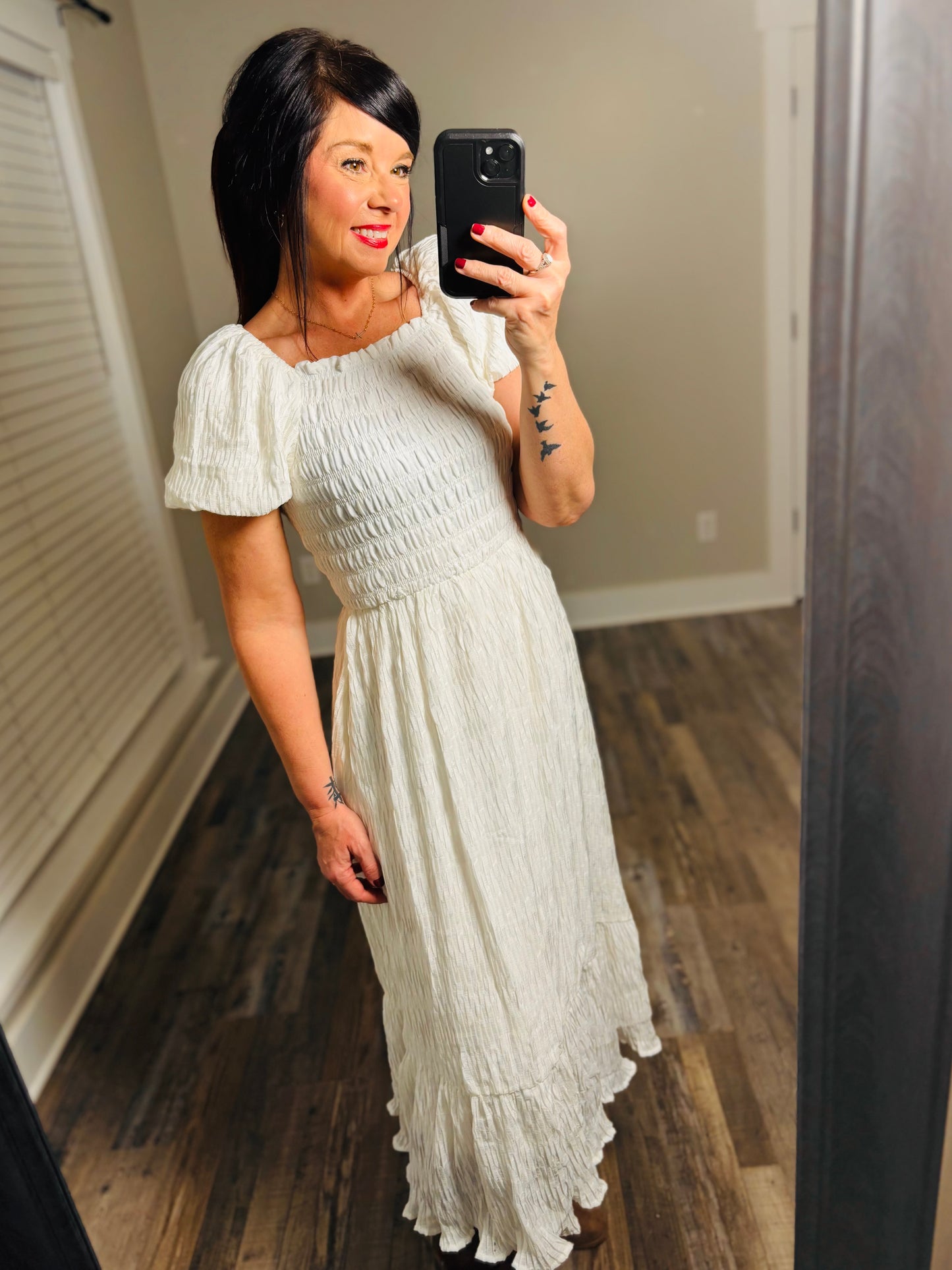 White Puff Sleeve Smocked Maxi Dress