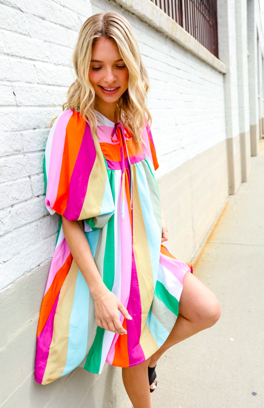 Multicolor Stripe Puff Sleeve Babydoll Dress