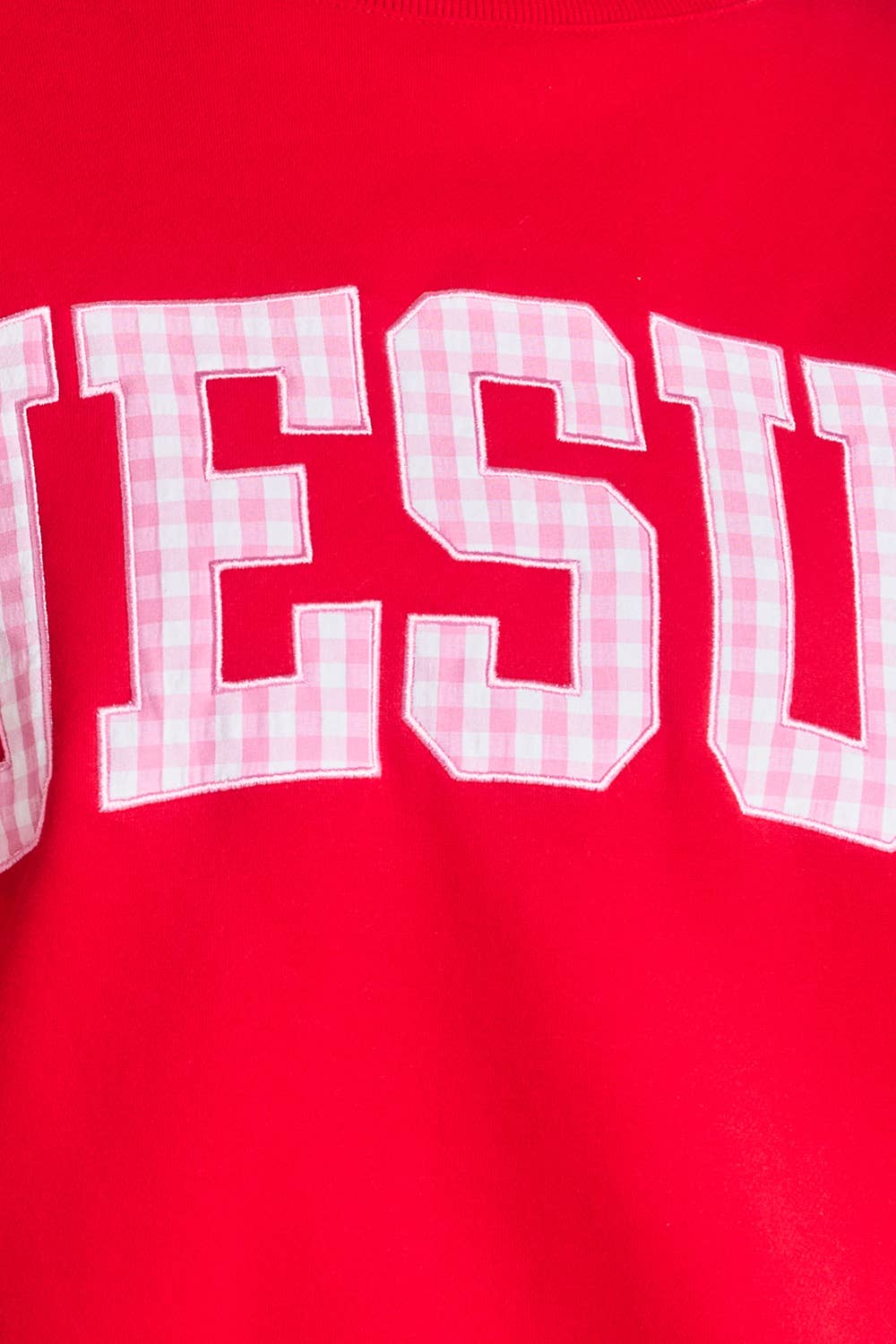 Gingham Embroidered "JESUS" Mock Neck Sweatshirt