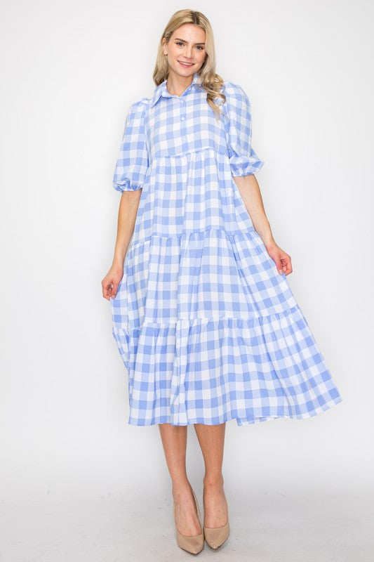 Powder Blue Gingham Print Puff Sleeve Maxi Dress