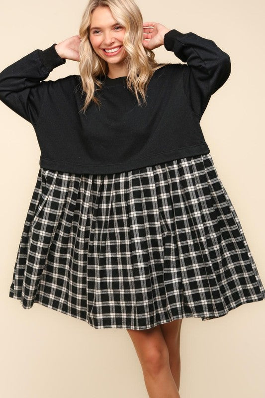 Black Plaid Oversized Sweatshirt Babydoll Dress