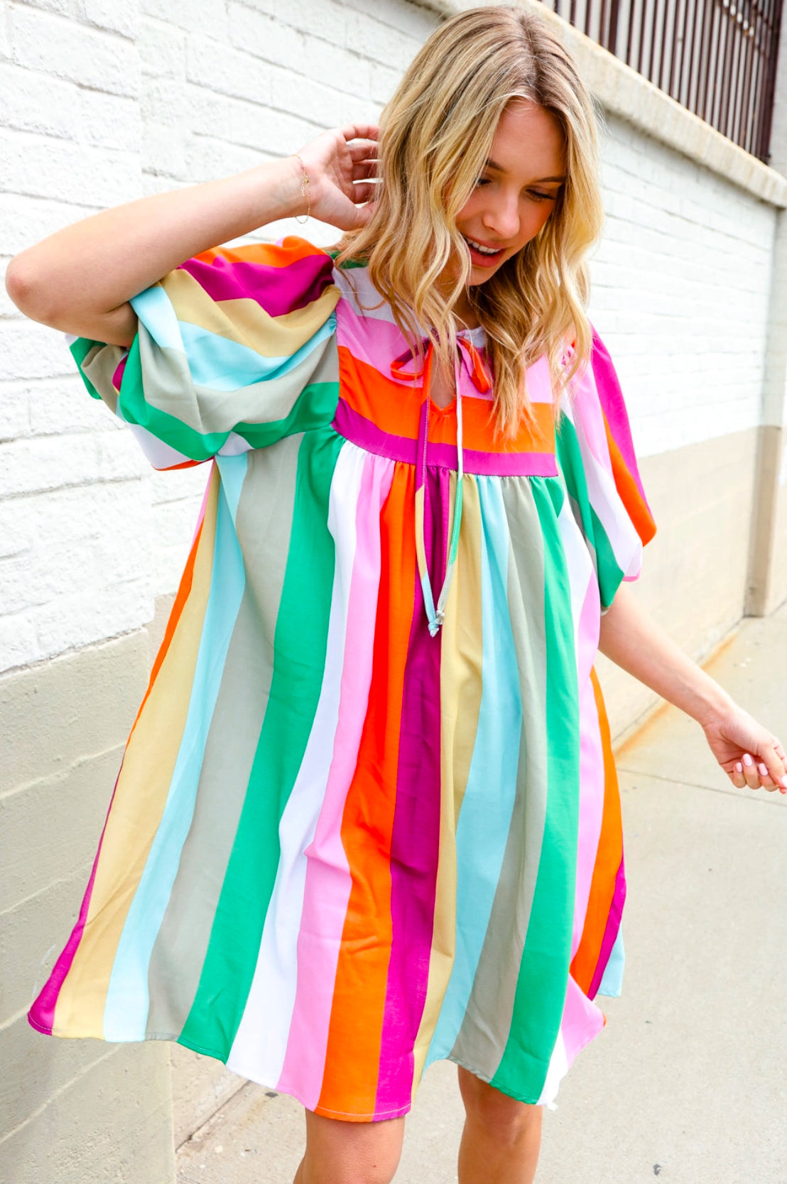 Multicolor Stripe Puff Sleeve Babydoll Dress