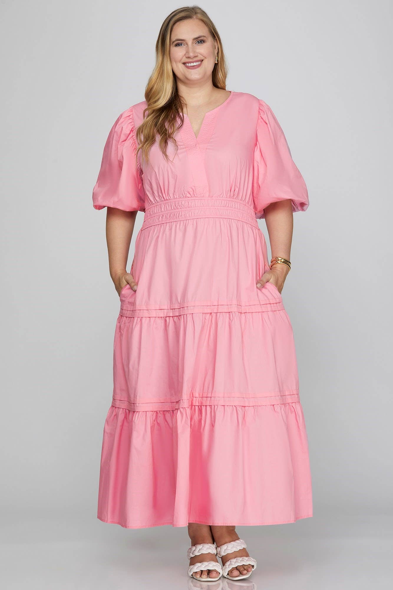 Pink Balloon Sleeve Tiered Midi Dress