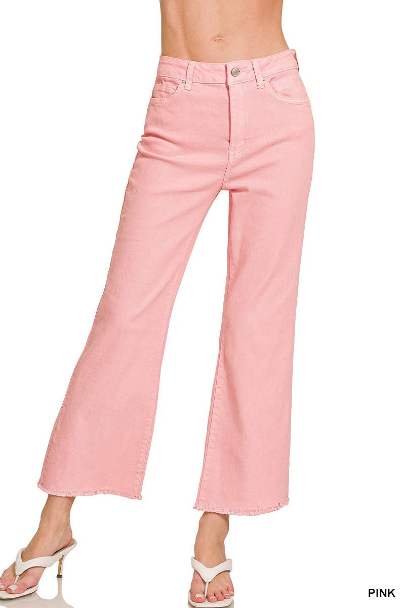 Zenana Pink Acid Washed High Waist Frayed Hem Bootcut Pants