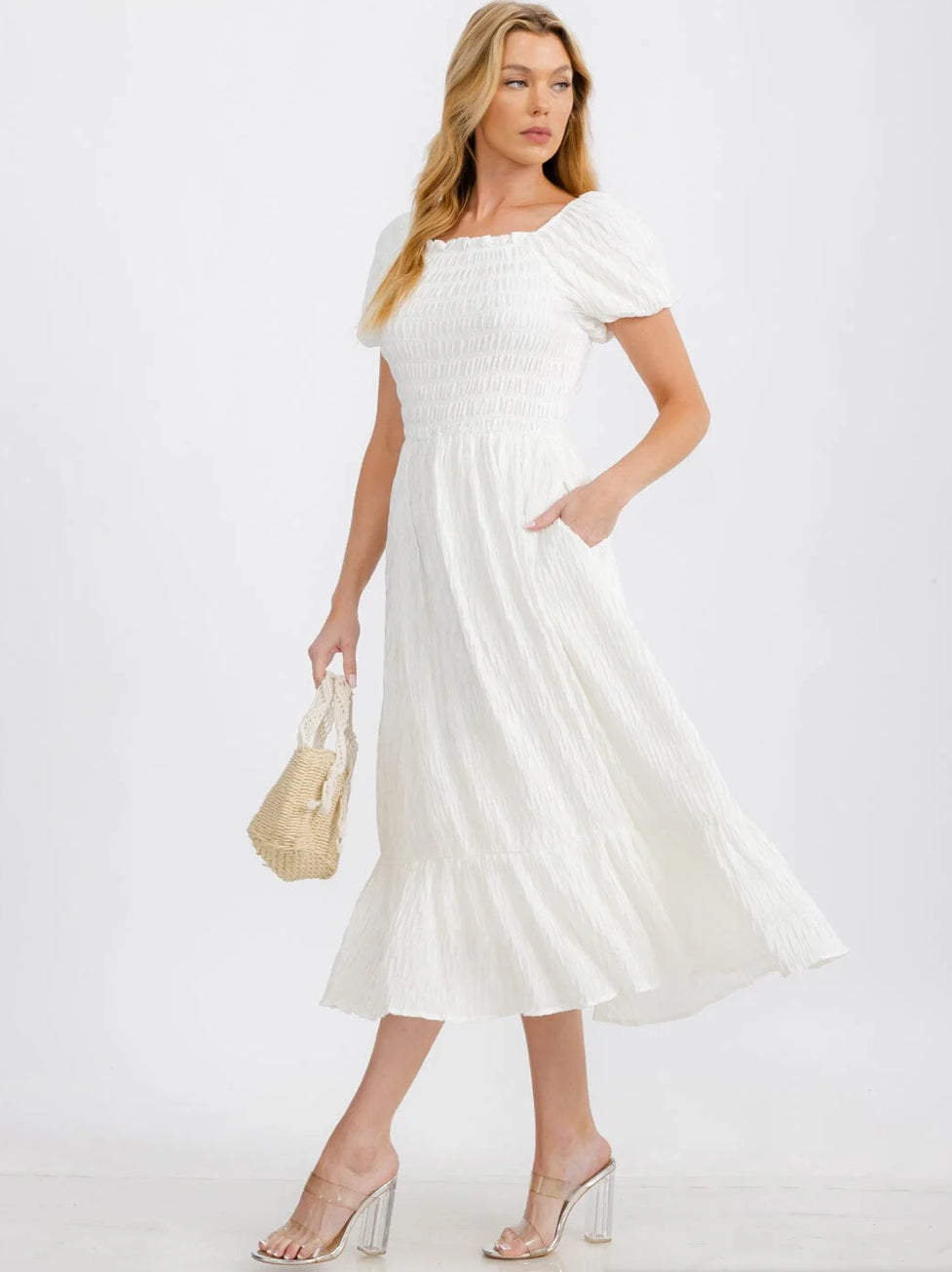White Puff Sleeve Smocked Maxi Dress