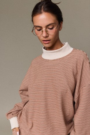 Brown and Cream Stripe Mock Neck Short Set