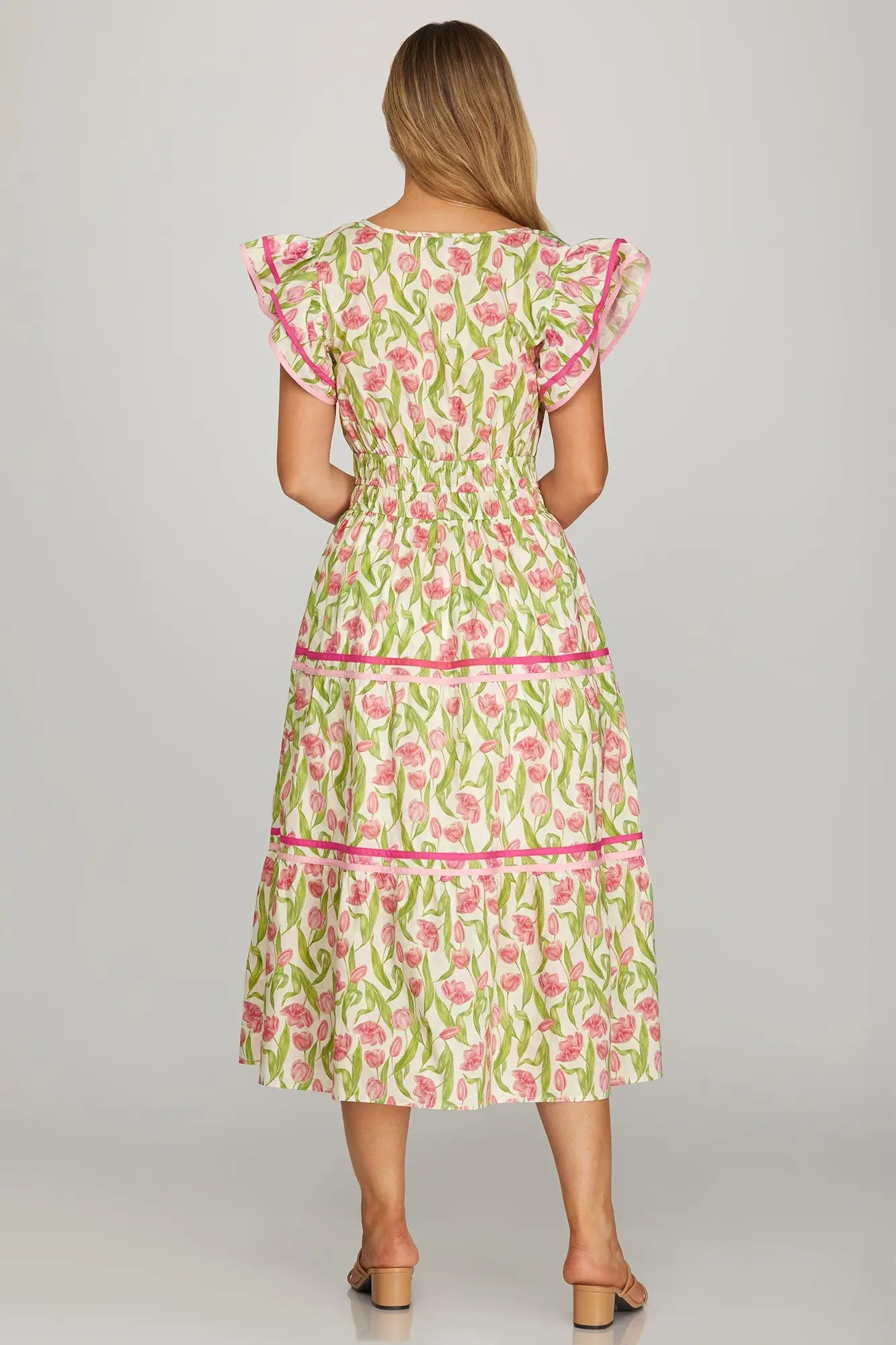 Pink & Green Floral Ruffled Sleeve Tiered Midi Dress
