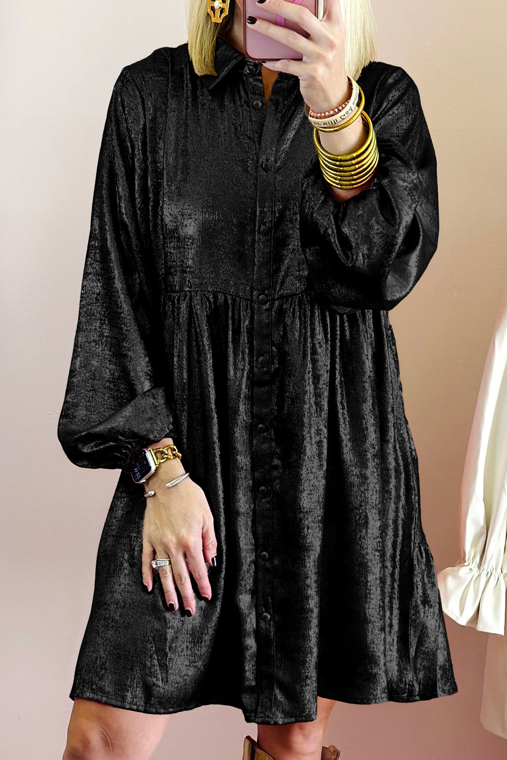 Black Metallic Puff Sleeve Dress