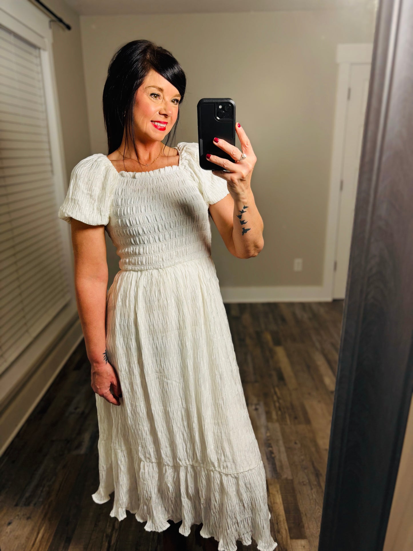 White Puff Sleeve Smocked Maxi Dress