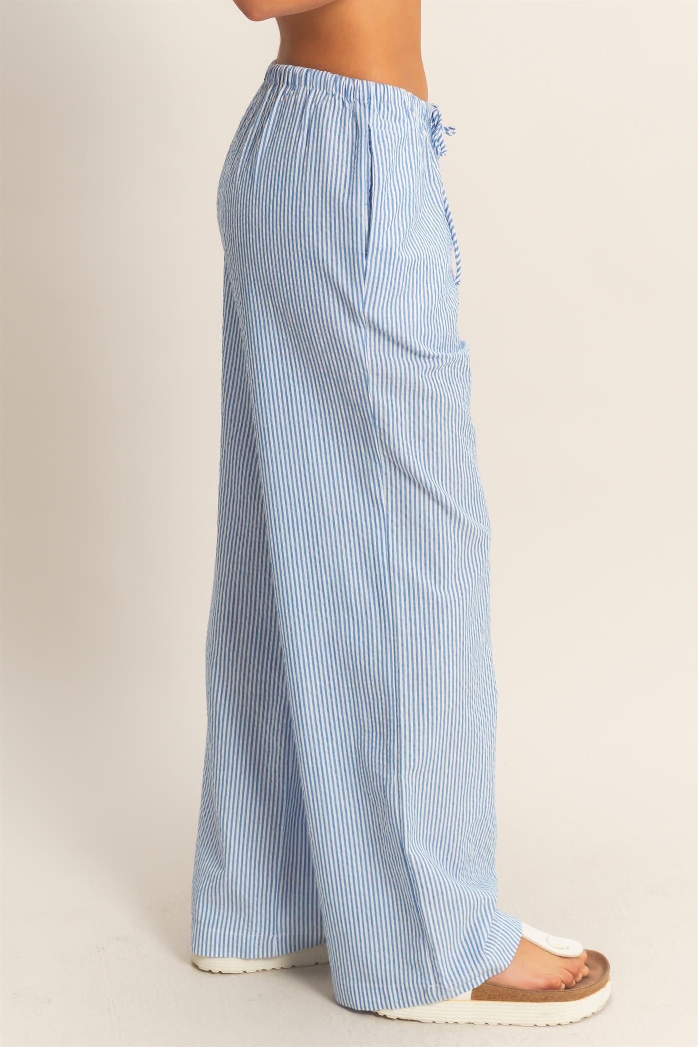 Blue Stripe Cotton Wide Leg Pants
