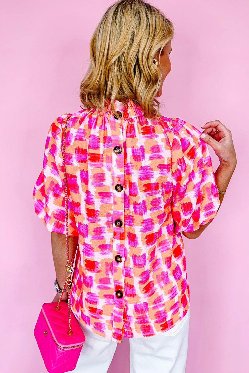 Paint The Town Pink Button Back Ruffed High Neck Top