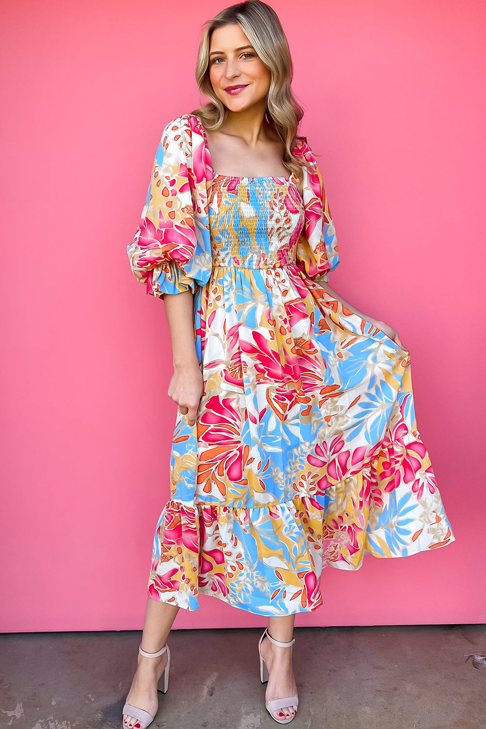 Puff Sleeve Mix Print Maxi Dress