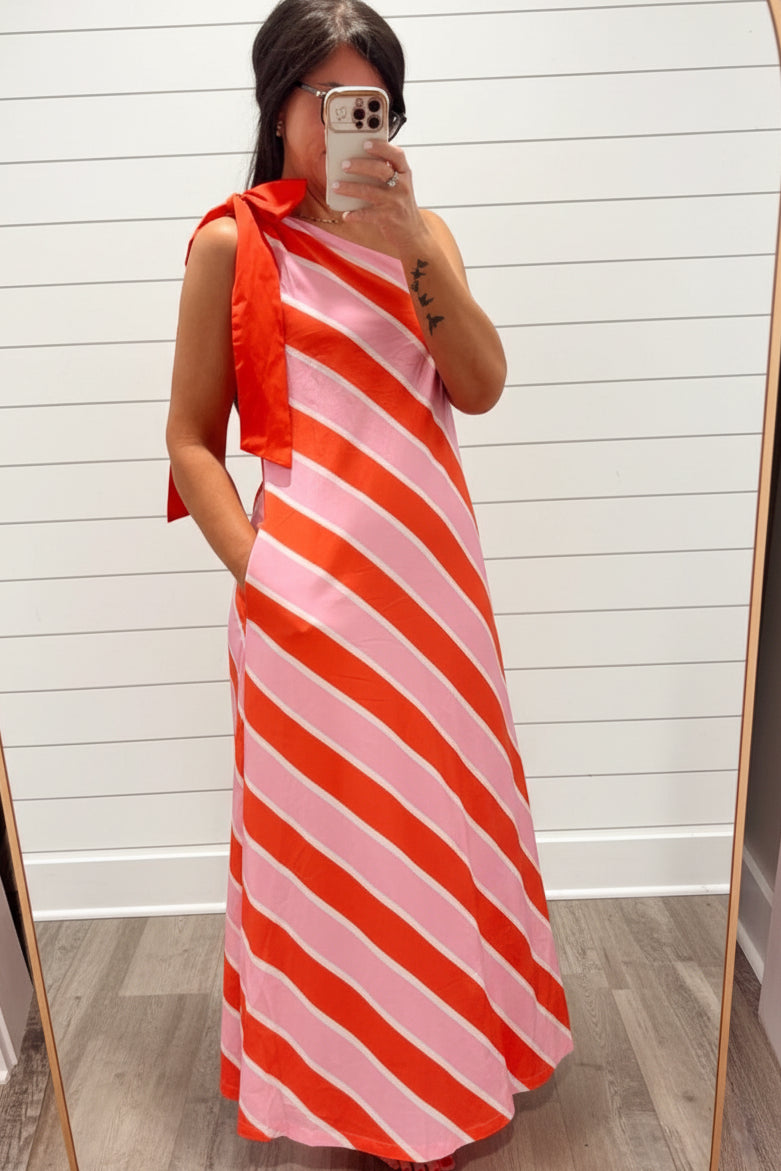 Entro Pink & Orange Stripe Bow Detail One-Shoulder Midi Dress