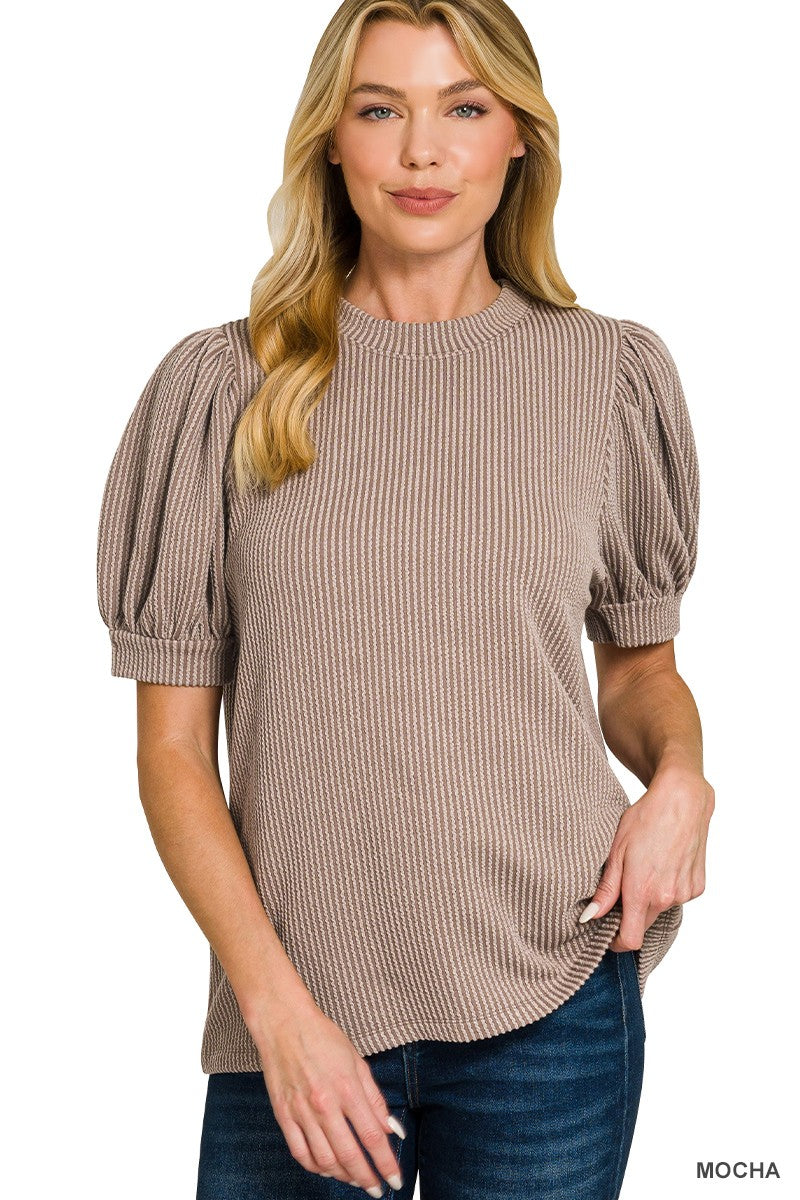 Zenana Mocha Ribbed Puff Sleeve Top