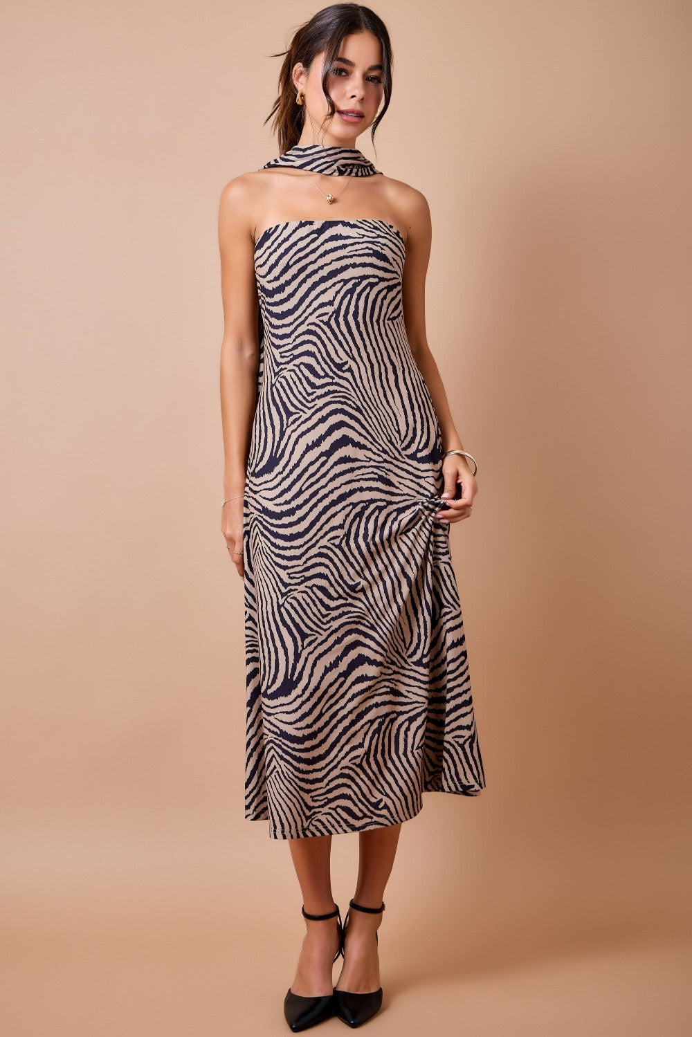 Brown and Black Strapless Tiger Print Midi Dress with Matching Scarf