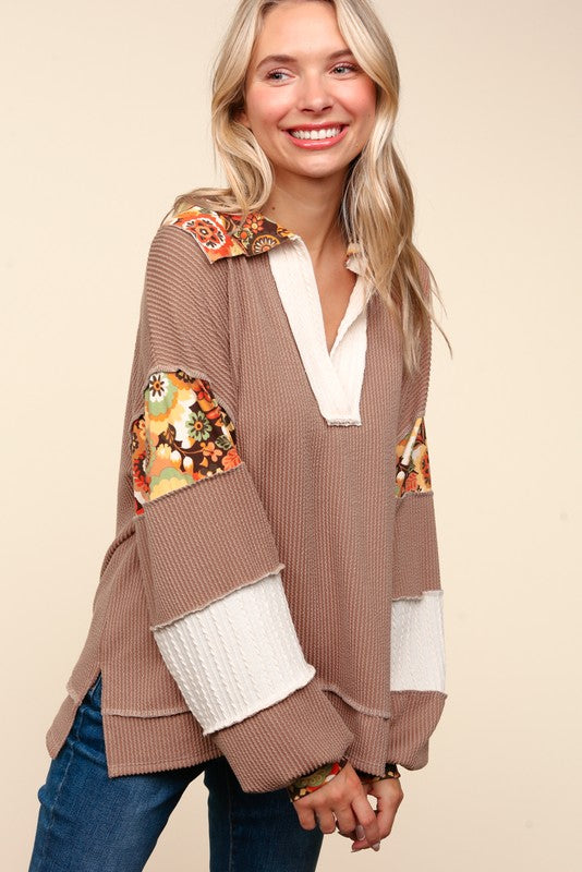 Floral Drop Shoulder Ribbed Top