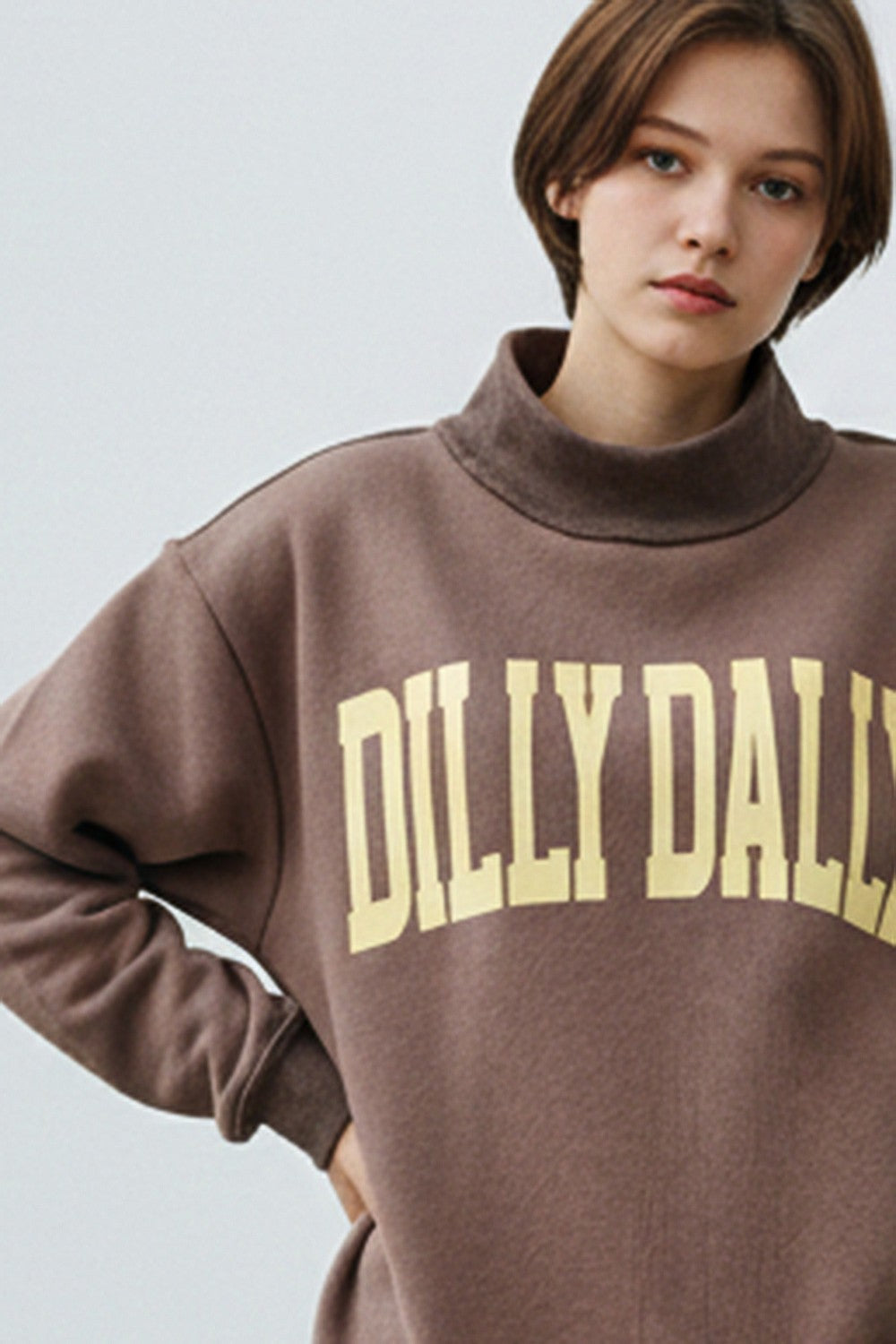 Brown DILLY DALLY' Print Mock-neck Oversized Sweatshirt