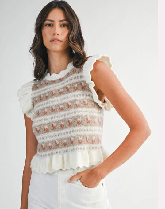 Cream Floral Cap Sleeve Sweater