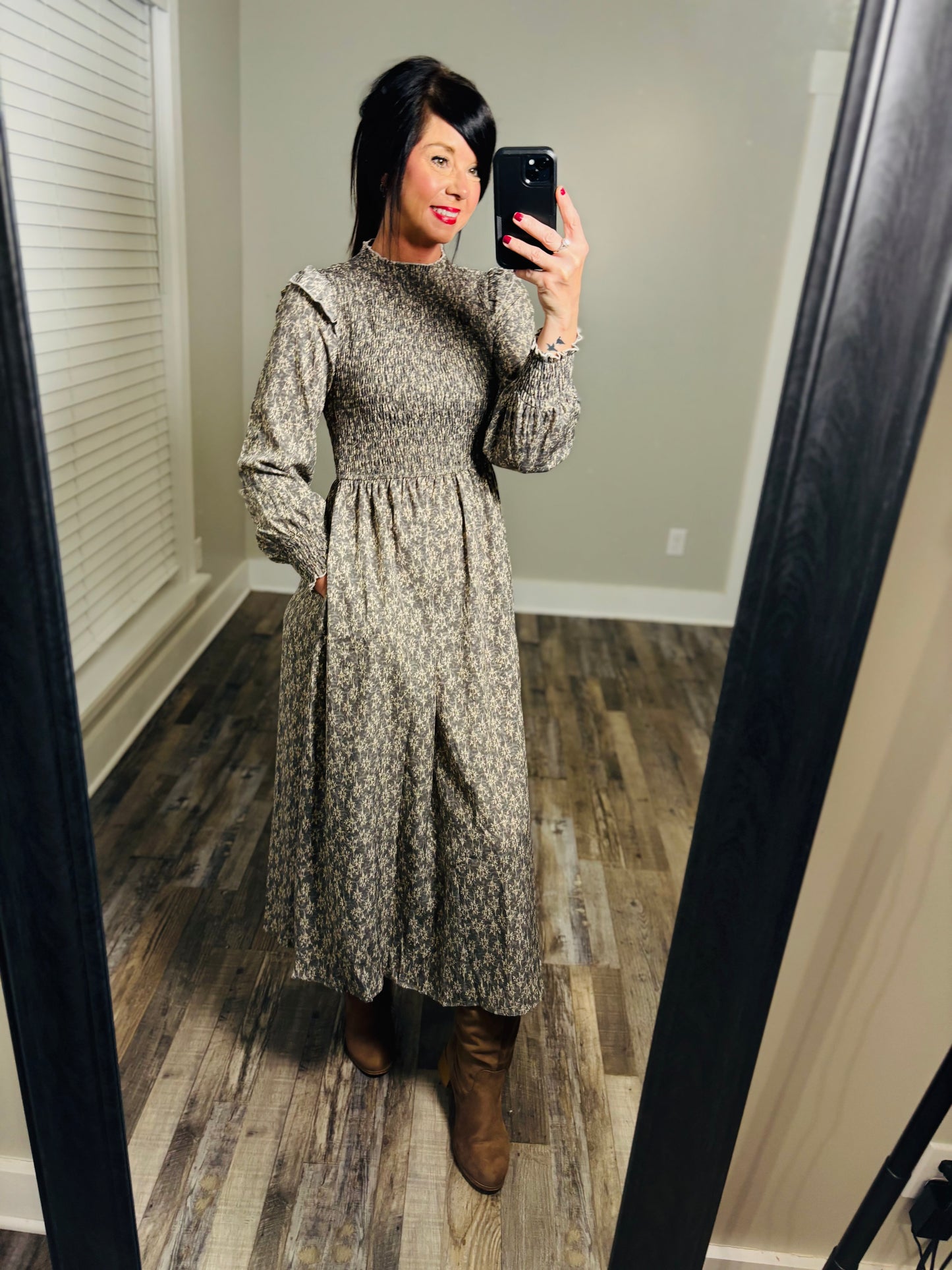 Gray Floral Print Smocked Maxi Dress