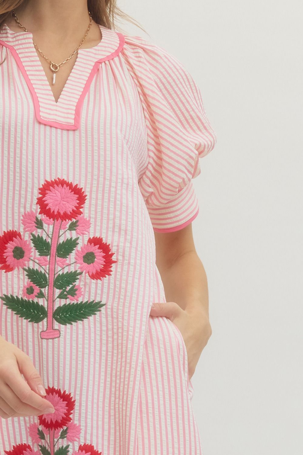 Pink Stripe Embroidered Midi Dress