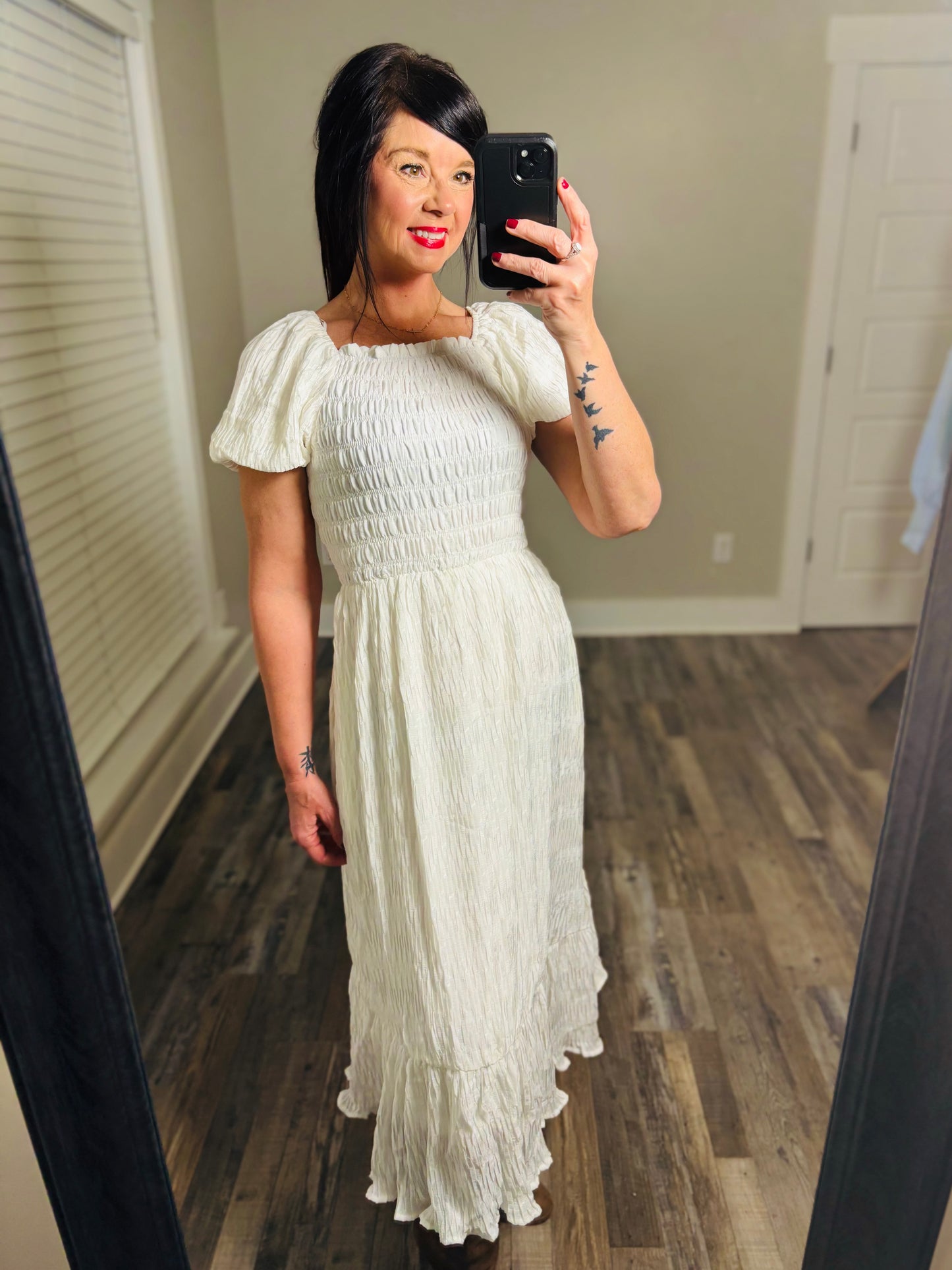 White Puff Sleeve Smocked Maxi Dress