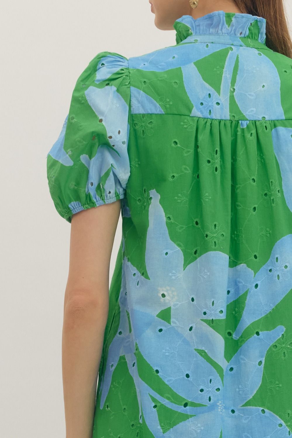 Entro Green & Blue Botanical Print Eyelet Midi Dress