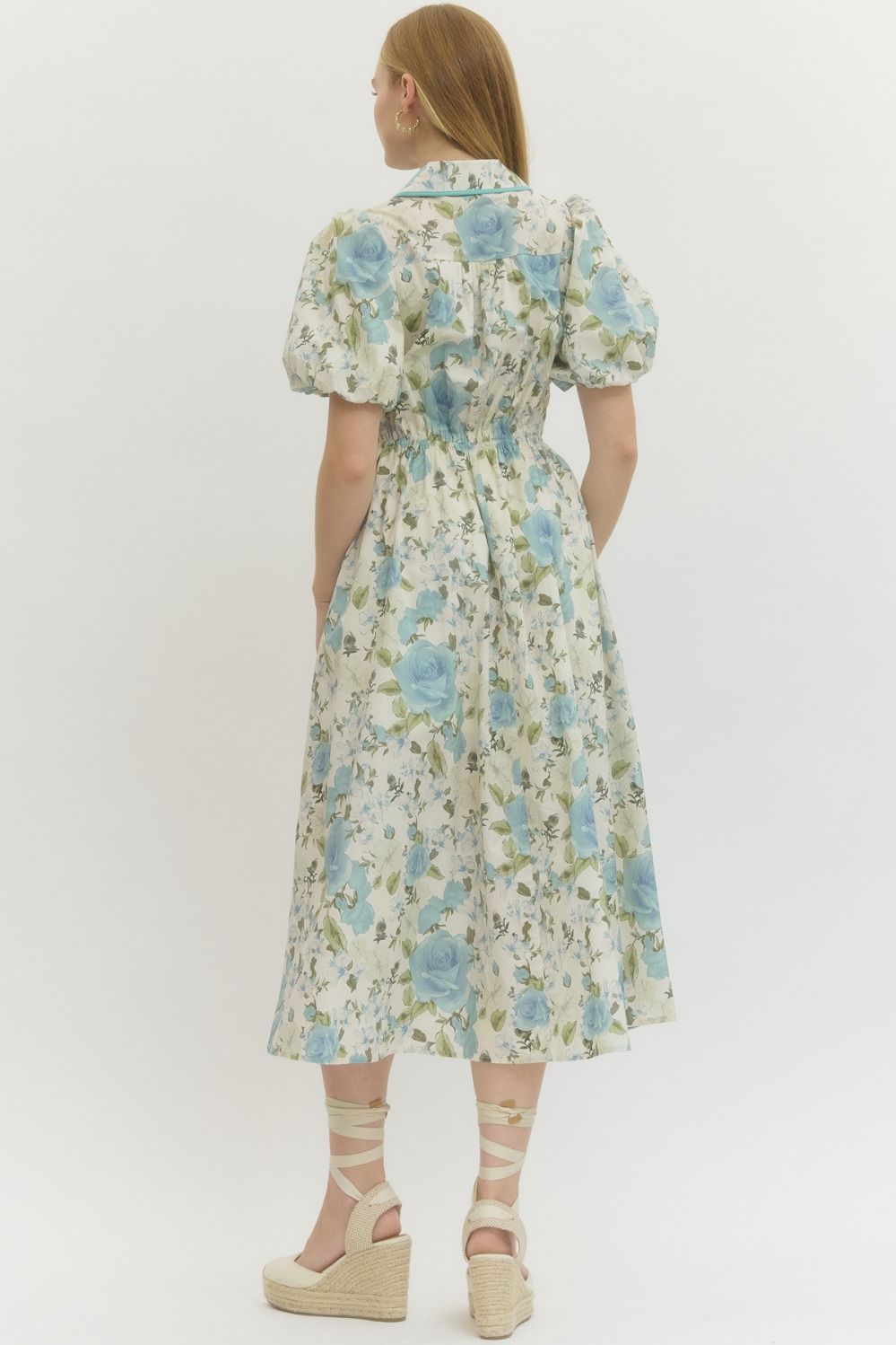 Blue Floral Print Midi Dress