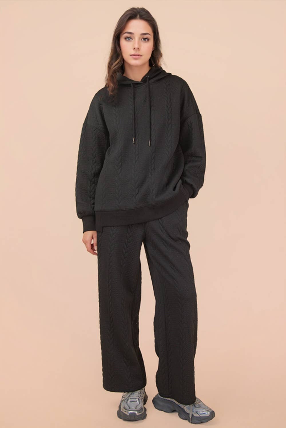 Black Oversized Cable Knit Textured Knit Hoodie