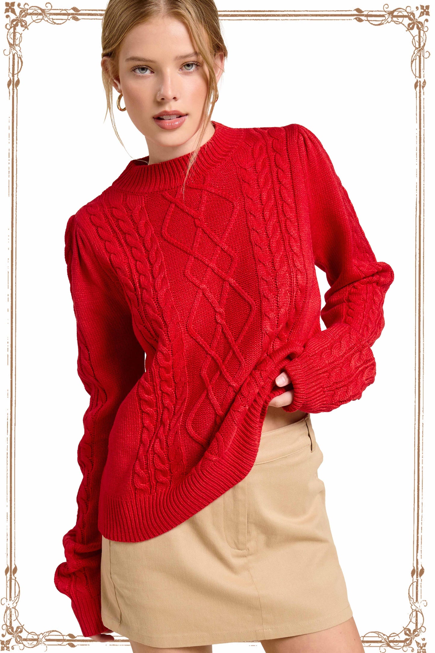 Red Crew Neck Cable Knit Sweater